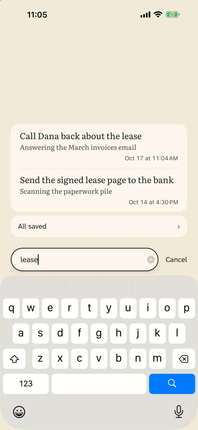 Searching for “lease” finds two saved cards, each with its date and time.